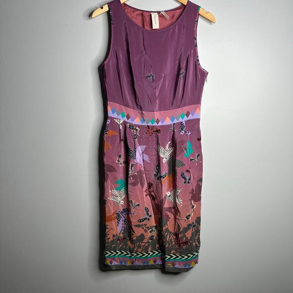 Anthropologie HeyHoe 100% silk purple bird print sheath dress Size 8 - Picture 2 of 9